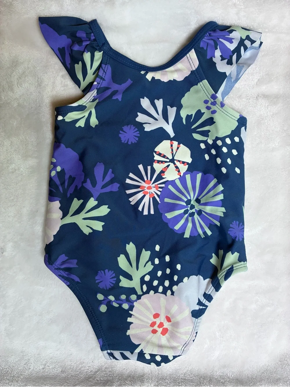 Tea Collection Navy Floral Ruffle Shoulder One-Piece Swimsuit Size 12-18 Months